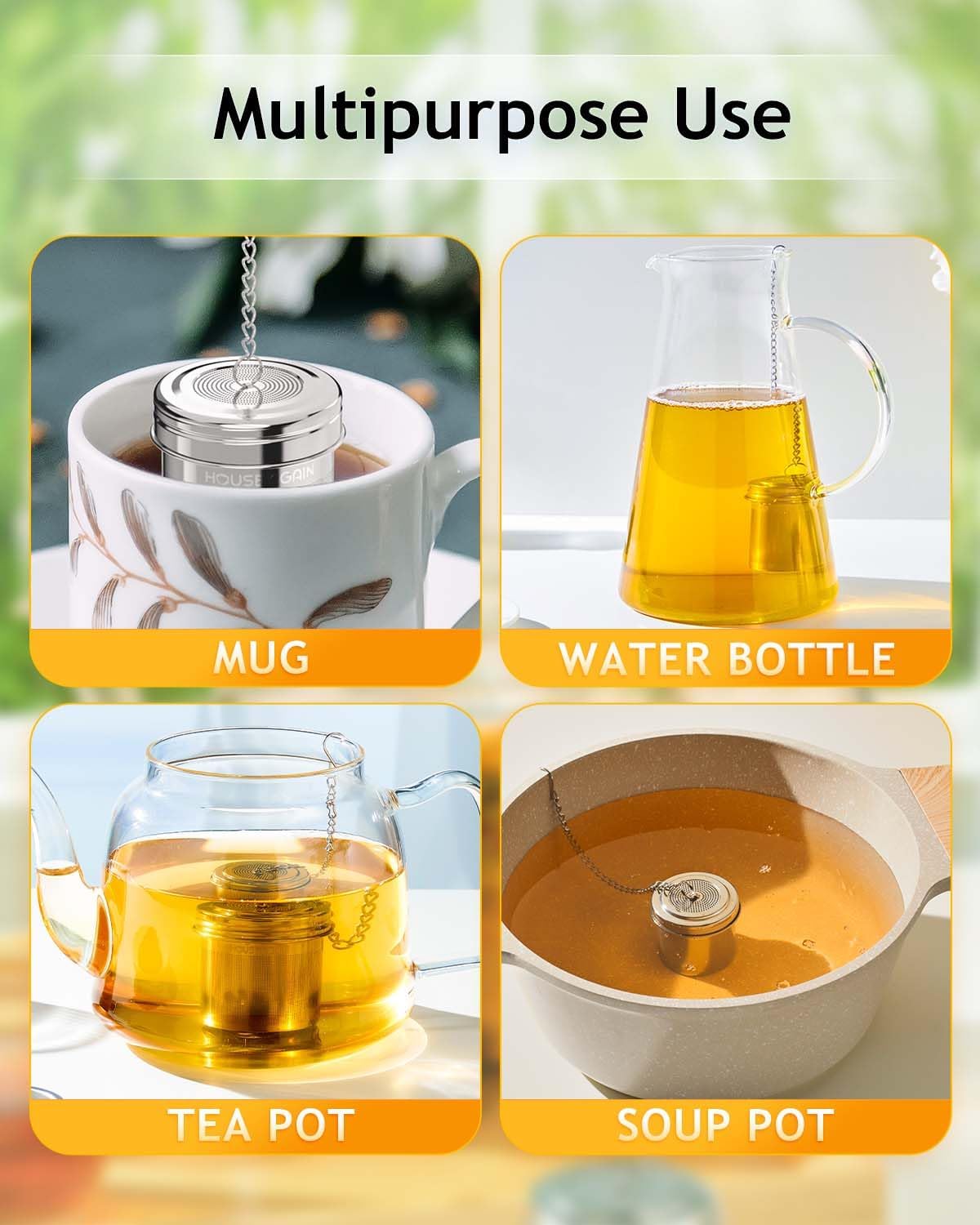 House Again 2 Pack Tea Infuser, Extra Fine Mesh Tea Infusers for Loose Tea, 18/8 Stainless Steel Tea Strainer with Extended Chain Hook, Tea Steeper for Brew Tea, Spices & Seasonings