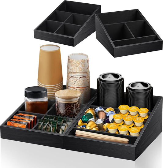 Coffee Station Organizer Coffee Condiment Service Tray with 9 Compartment for Counter, Wood Coffee Bar Supplies Organizer for Home Office Breakroom Two-in-One Black