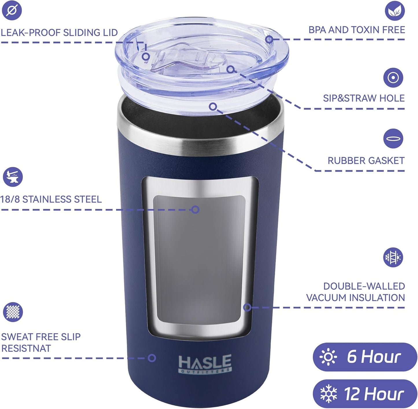 HASLE OUTFITTERS 12 oz Skinny Tumbler, Stainless Steel Insulated Slim Tumbler set bulk with Lid, Reusable Double Wall Travel Coffee Mug, Durable Powder Coated Travel Water Cup(Navy,12)