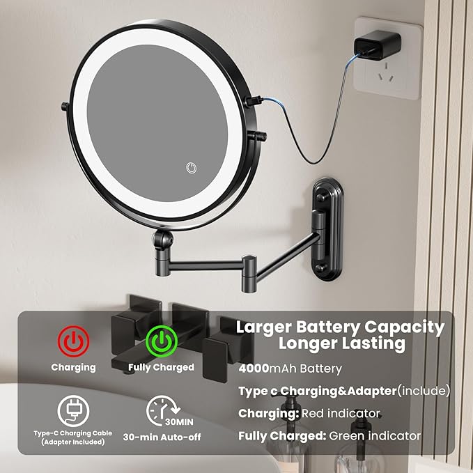 9" Wall Mounted LED Lighted Makeup Vanity Mirror - 4000mAh Rechargeable Double - Image 3