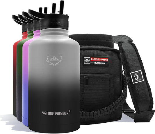 NATURE PIONEOR Insulated Water Bottles with Straw - 64oz Stainless Steel Vacuum Bottle with Holder/Carrier/Sleeve - Reusable 18/8 Food Grade Half Gallon Water Jug