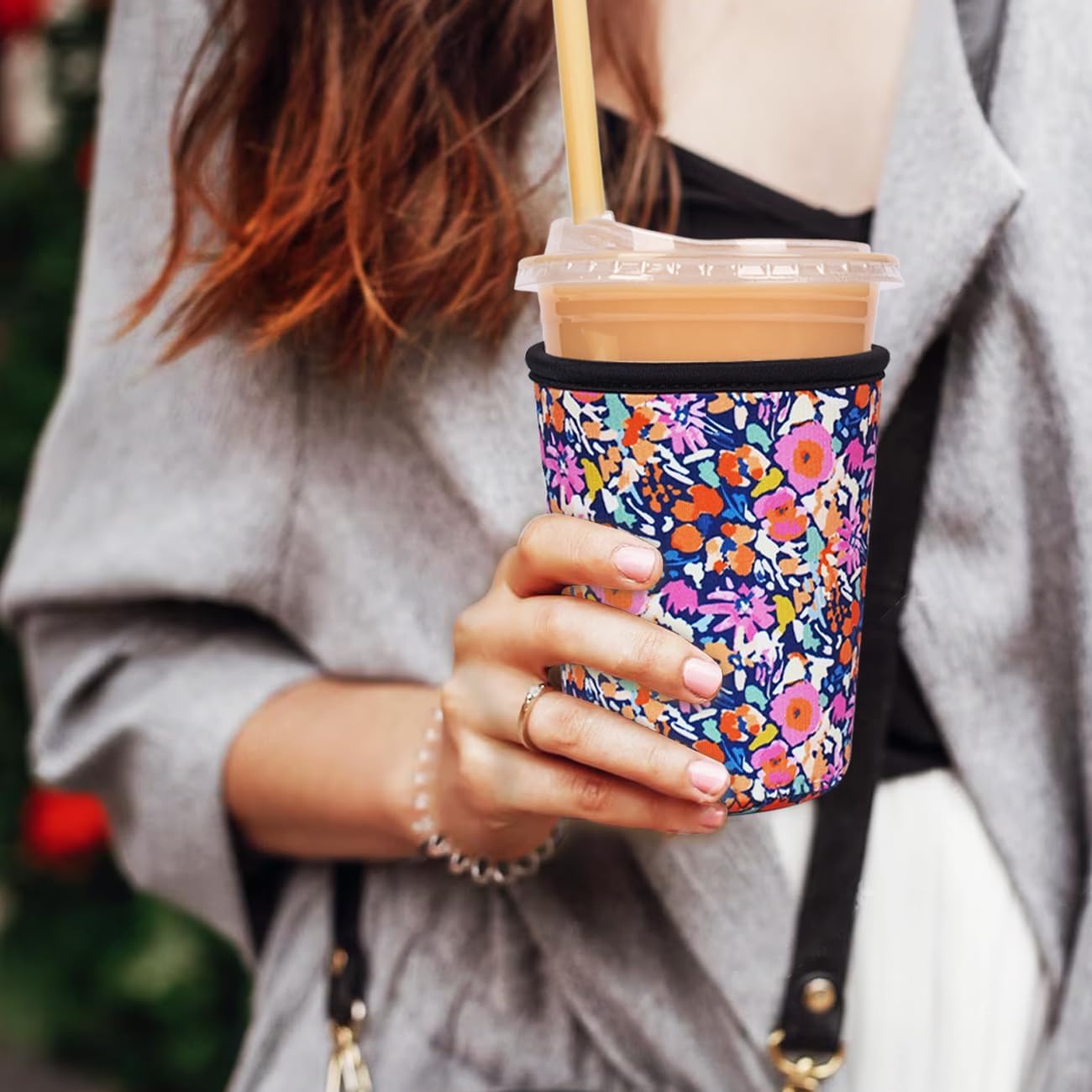 Reusable Insulated Neoprene Iced Coffee Cup Sleeve, Durable Drink Sleeve for Cold Beverages, Beverage Holder for Iced Coffee, Bloom Frenzy