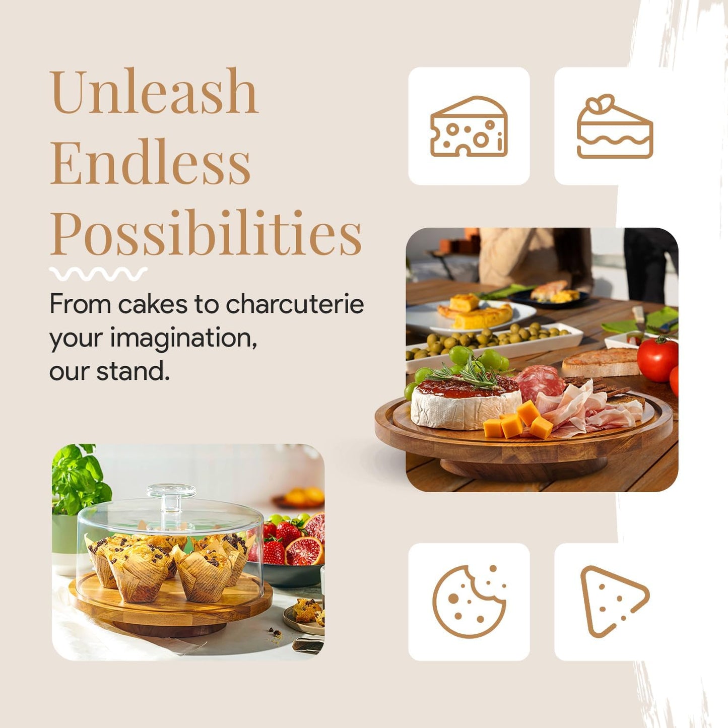 Rotating Cake Stand With Lid - 12 Inch Round Cake Holder with Cover, 4” Tall, Acacia Wood Spinning Cake Turntable for Decorating, Display and Serving Platter, Acrylic Cake Dome, No Glass