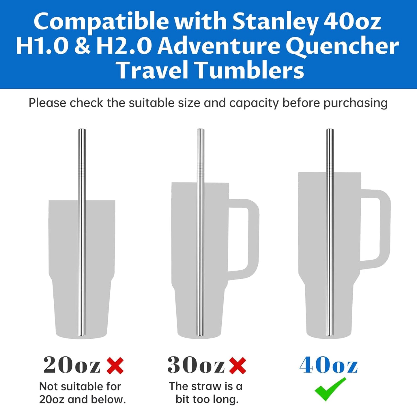 Tomorotec 40oz Straws, 14PCS Stainless Steel Replacement Straws for Stanley 40oz Adventure Quencher Travel Tumblers with Cleaning Brushes 2PCS, Food-Grade, Dishwasher Safe for Smoothies (Silver)