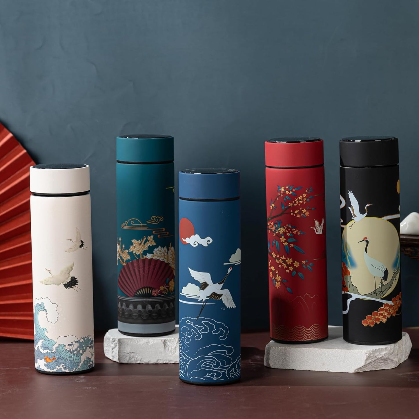 Insulated Coffee Tea Travel Thermos Mug Water Bottle with Removable Strainer and Temperature Featuring Elegant Asian Art Design - 16.9 fl oz (Black)