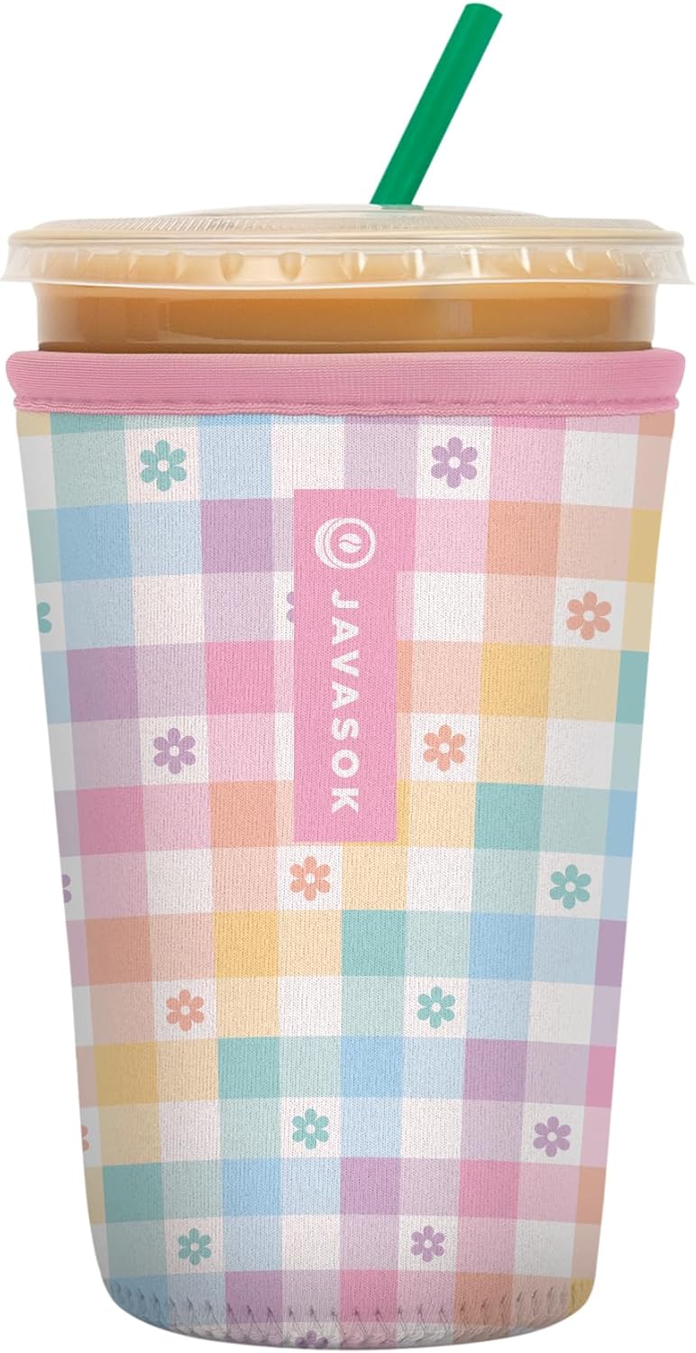 Sok It JavaSok Iced Coffee & Cold Soda Insulated Neoprene Cup Sleeve (Gingham Flowers, Medium: 22-28oz)