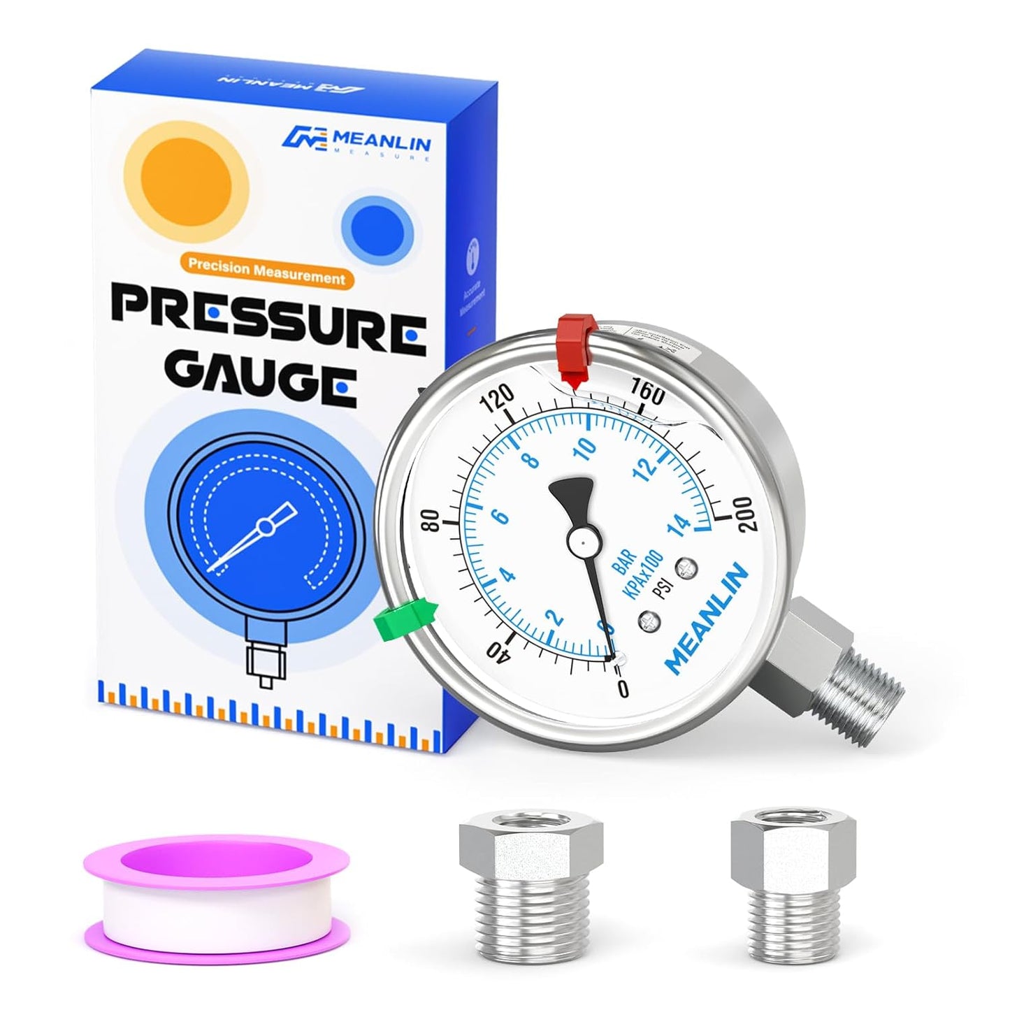 MEANLIN MEASURE 0~200Psi Stainless Steel Liquid Filled Pressure Gauge 2.5" FACE DIAL 1/4" NPT for Air Compressor Air Regulator Water Filter Lower Mount with Stainless Steel Hex Bushing and Snaps