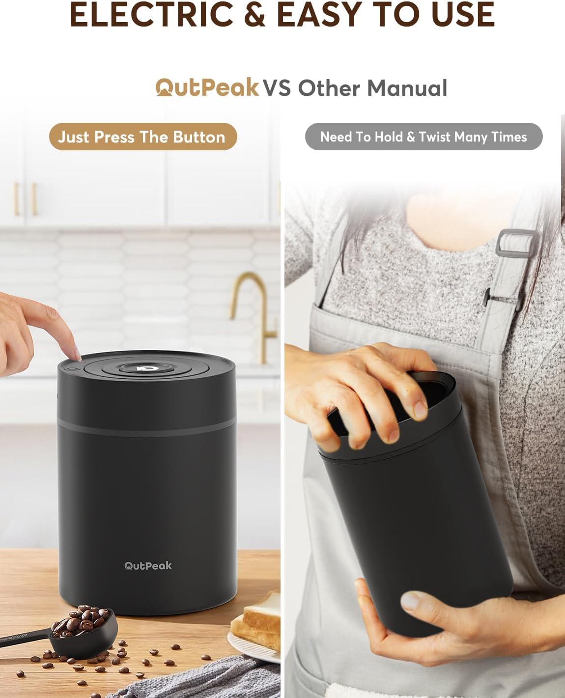 OUTPEAK 2025 Kilo Auto Vacuum Coffee Canister, 1.8L for 21.2oz Coffee Beans, One-Button Operation, Stainless Steel Container with Scoop, Fresh 6-Month Storage Container (Barista Champion's Choice)