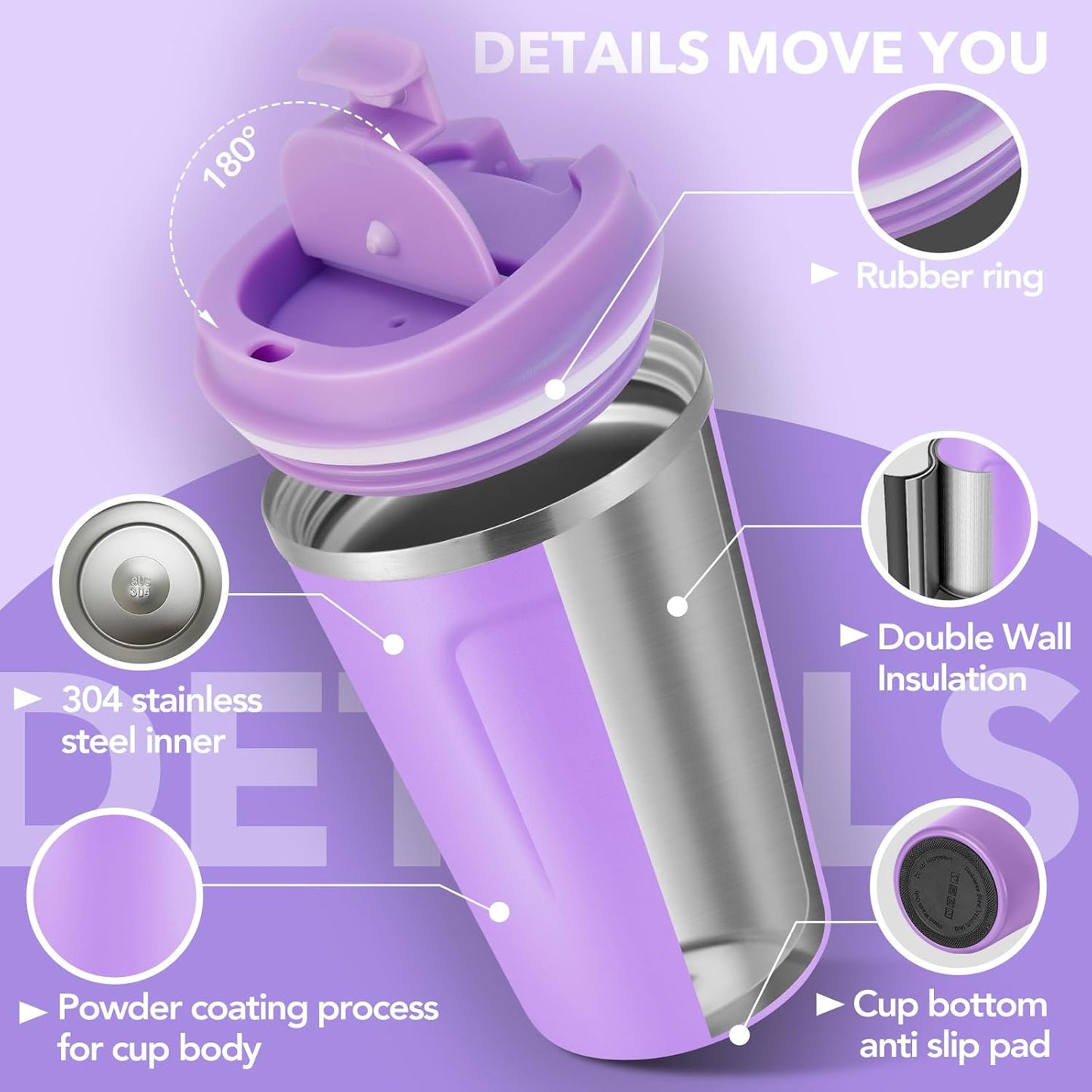 Volhoply 12 oz Double Wall Insulated Vacuum Travel Coffee Mugs with Flip Lid Bulk 2 Pack,Reusable Stainless Steel Leak Proof Coffee Cup,Portable Cafe Thermal Tumbler for Hot&Cold Drinks(Purple,2 Set)