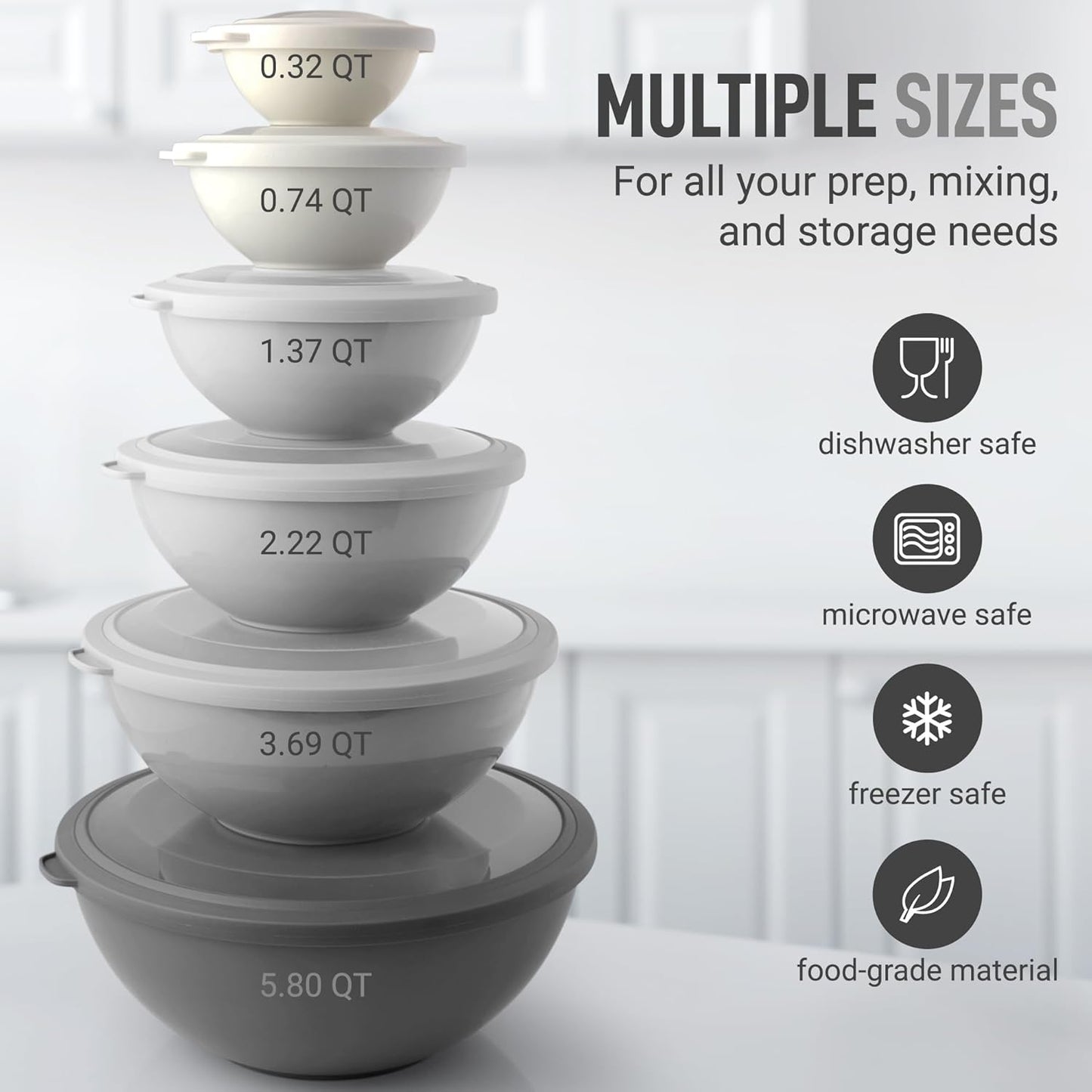 Zulay Kitchen 12 Piece Plastic Nesting Mixing Bowls with Lids - Colorful Microwave & Freezer Safe Gray Ombre Set