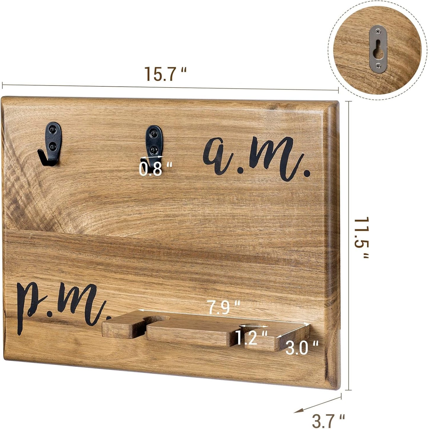 MyGift Premium Solid Acacia Wood Wall Mounted Mug and Wine Glass Holder Rack – Rustic Coffee and Wine Bar Organizer with Cursive A.M. / P.M. Design