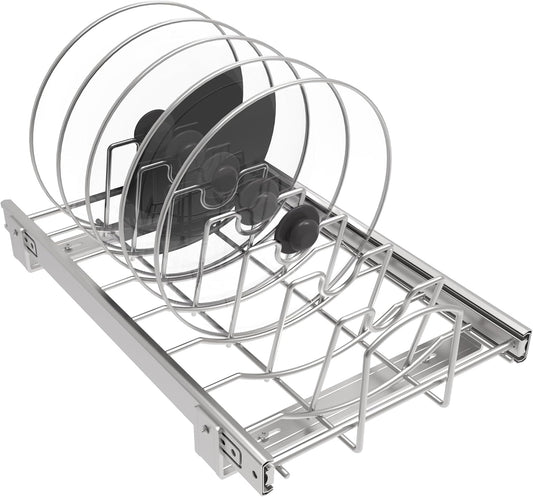 Slide Out Pan and Pot Lid Organizer For Under Cabinet, Wire Dividers Kitchen Pull Out Pot Lid Rack Organization And Storage, Full-Extension Rail, 12" W X 20" D