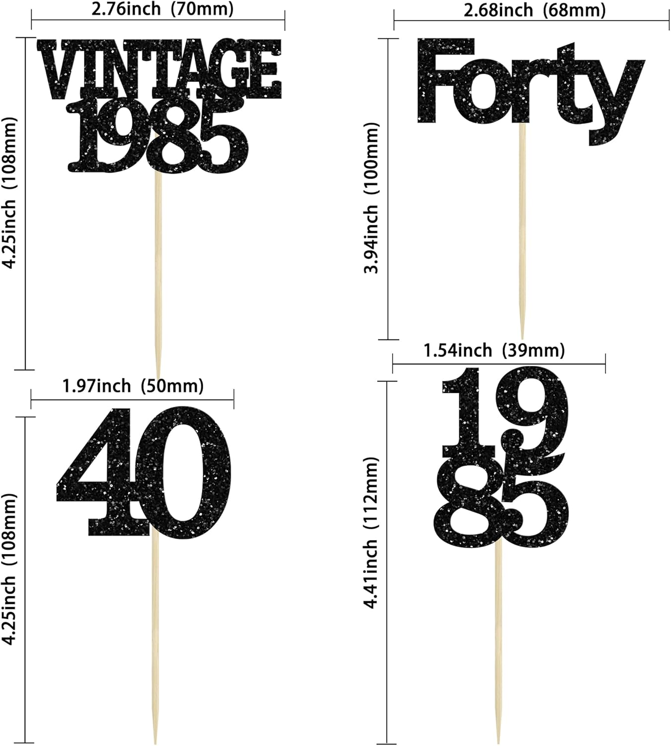 Gyufise 24Pcs Vintage 1985 Cupcake Toppers Glitter Cheers to 40 Fabulous Forty Cupcake Picks 40th Birthday Wedding Anniversary Party Cake Decorations Supplies Black