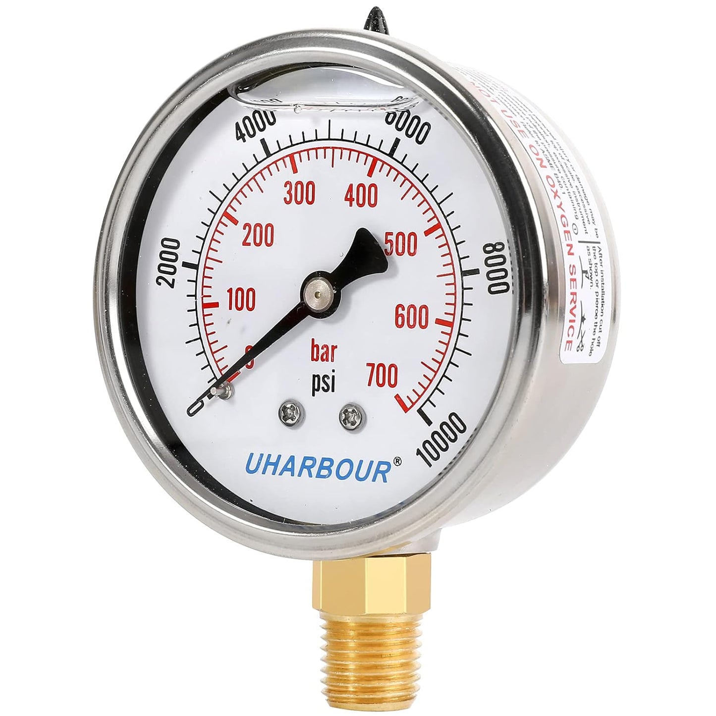 Glycerin Filled Pressure Gauge 10000psi/700bar, Stainless Steel case, Brass Inside Construction, 2-1/2" dial, 1/4" NPT Rear Connection.