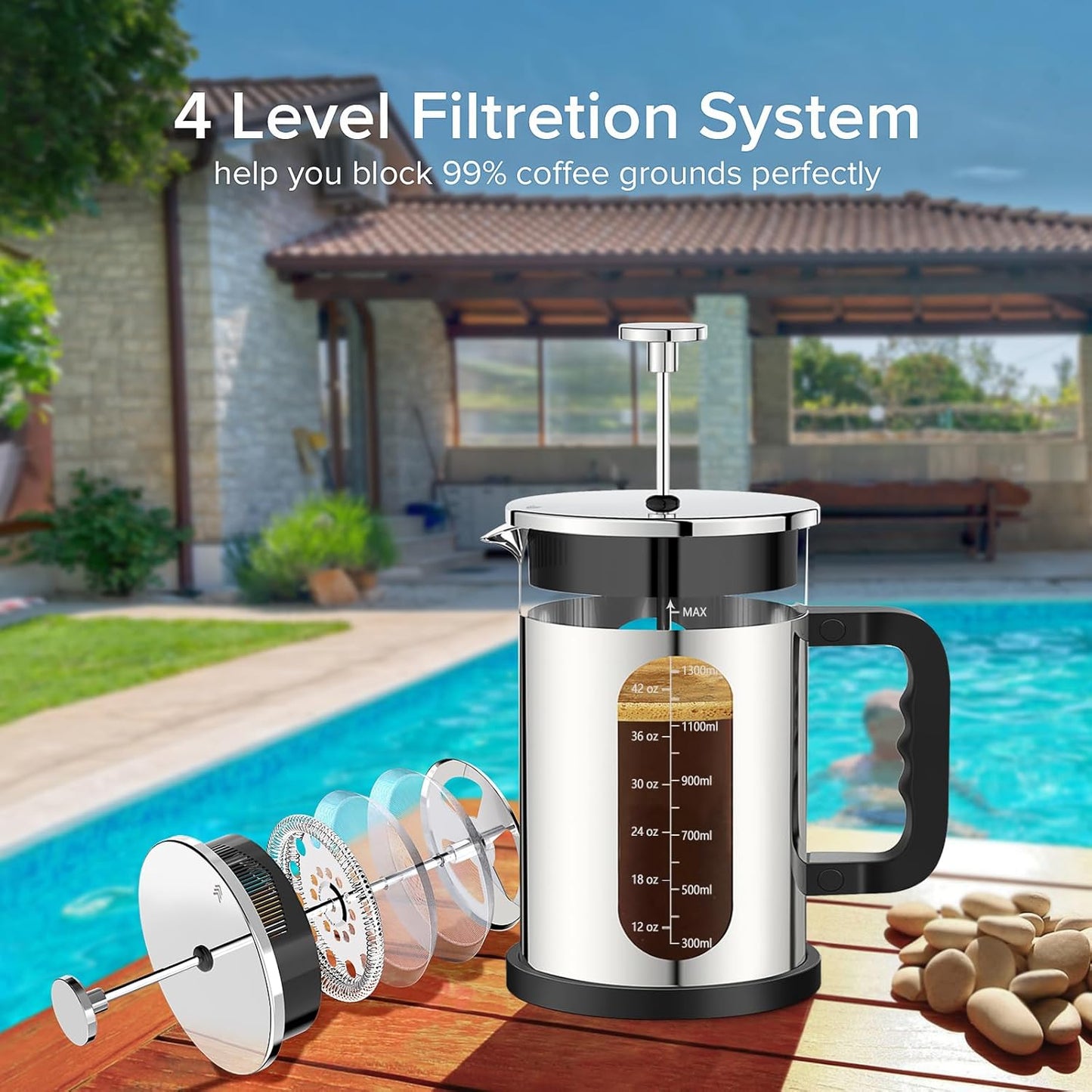 QUQIYSO French Press Coffee Maker 51oz 304 Stainless Steel French Press with 4 Filter, Borosilicate Glass Coffee Press