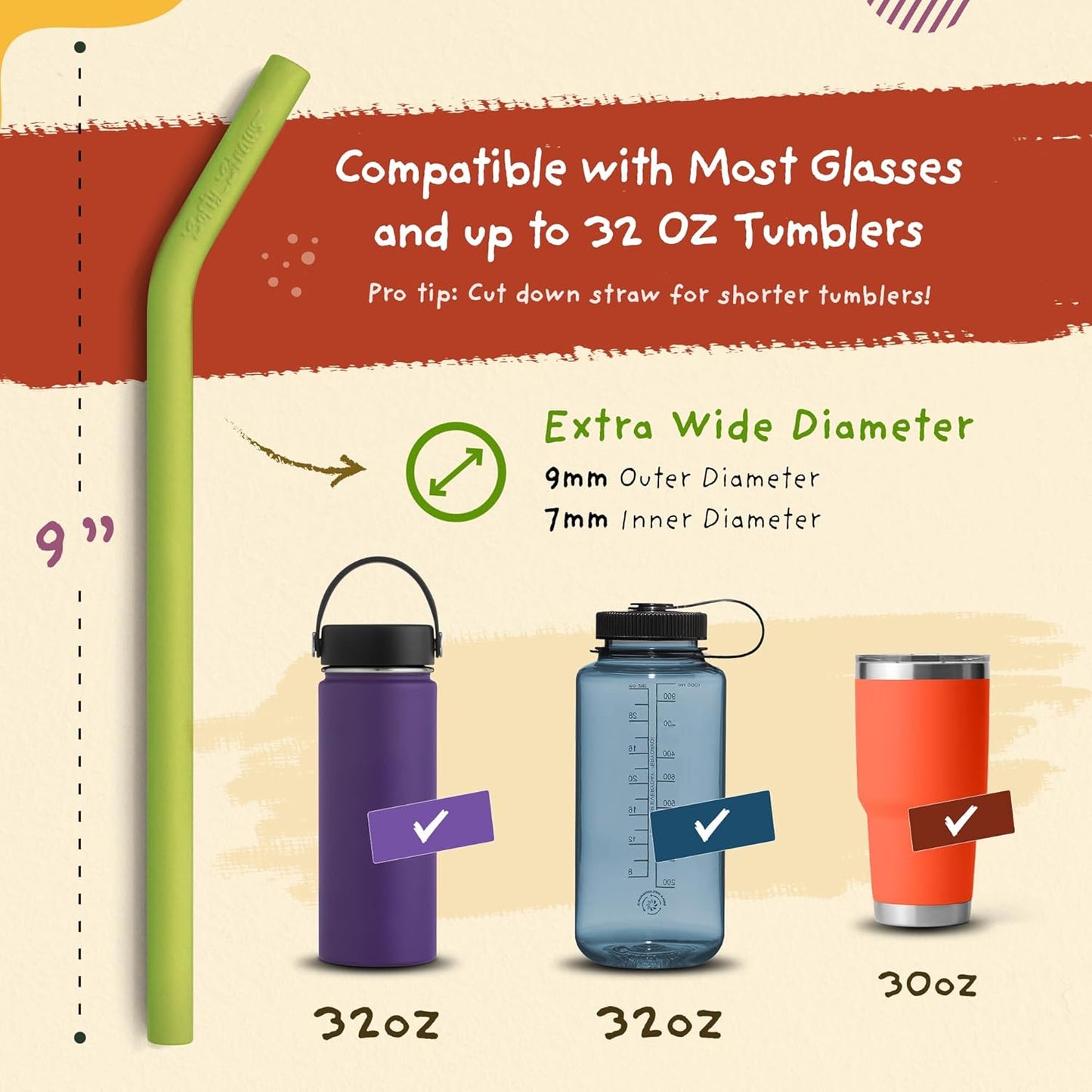 Wide Premium Reusable Silicone Drinking Straws + Patented Straw Squeegee - 9” Long With Curved Bend for 20 30 32 oz Tumblers Non Rubber, Flexible, Safe for Kids/Toddlers, Smoothie