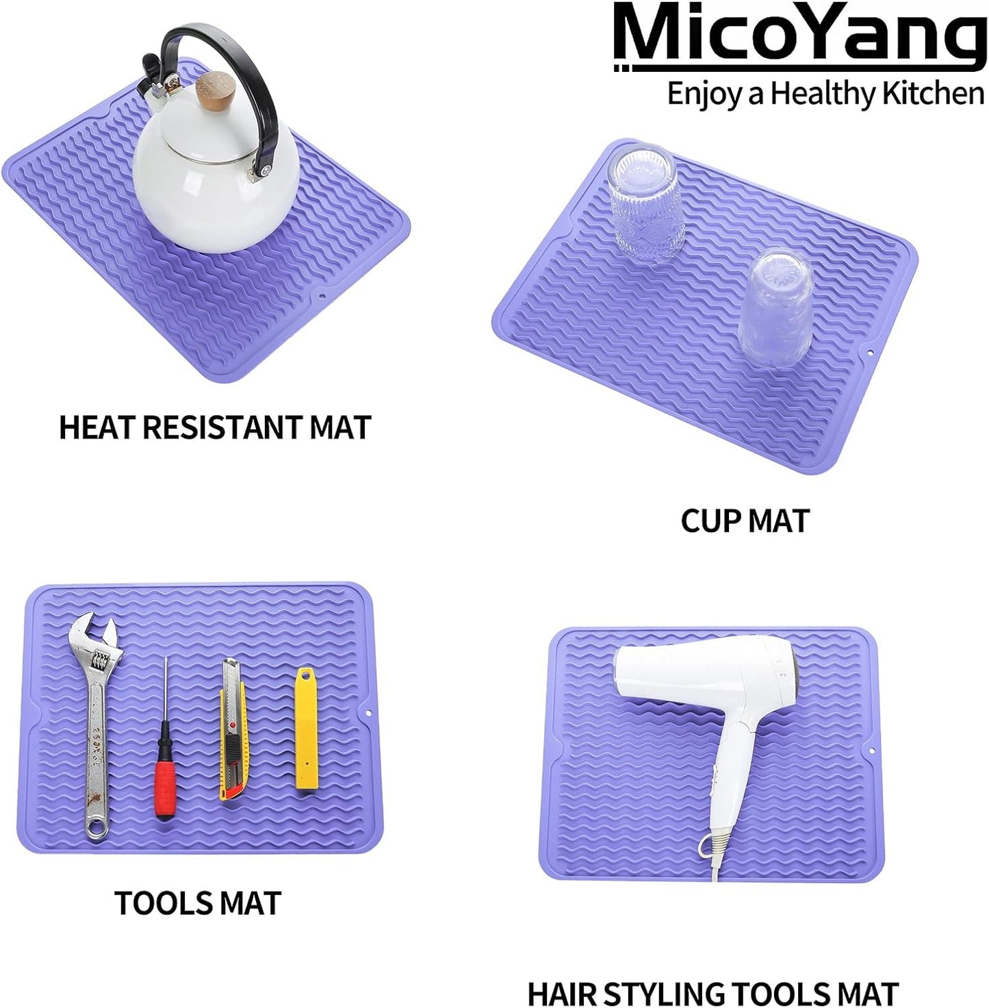 Silicone Dish Drying Mat for Multiple Usage,Easy clean,Eco-friendly,Heat-resistant Silicone Mat for Kitchen Counter or Sink,Refrigerator or drawer liner Light Purple L 16 inches x 12 inches