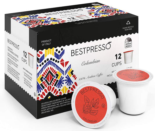 Bestpresso Coffee, Colombian Medium Roast Single Serve K-Cup Pods, 96 Count (Compatible With 2.0 Keurig Brewers) 8 Packs Of 12 Cups