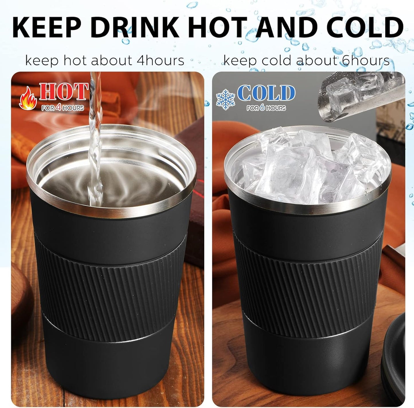 Sabary 4 Pack 16 oz Bulk Travel Coffee Mug with Lid Reusable Vacuum Insulated Coffee Tumbler Double Wall Thermal Stainless Steel Camping Tea Cup for Christmas Winter Drinks Employee Gift(Black)