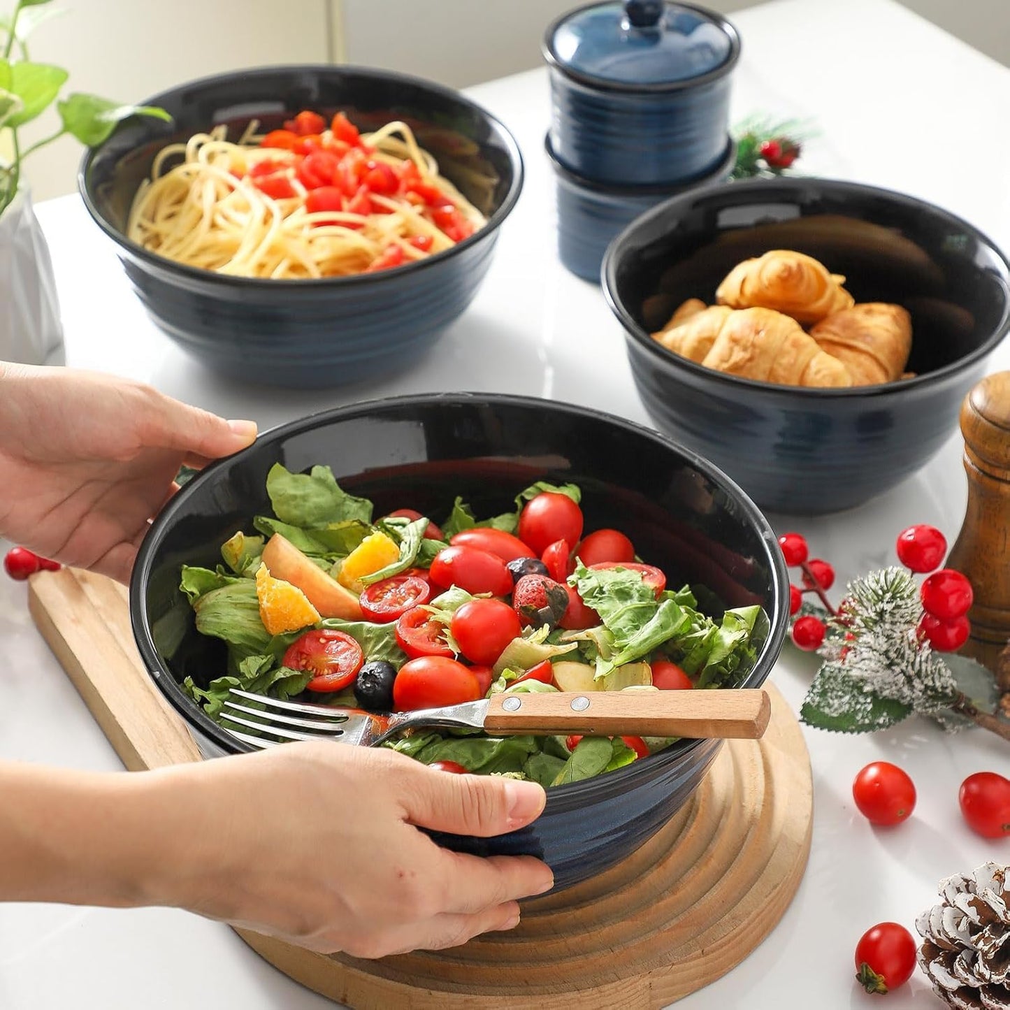 Ceramic Mixing Bowls,Large Serving Bowls 2.1/1.5/1.0 Qt,Salad Bowls Set of 3 for Kitchen Space Saving Storage,Nesting Bowls for Popcorn,Soup,Fruit, Microwave & Dishwasher Safe,Navy Blue