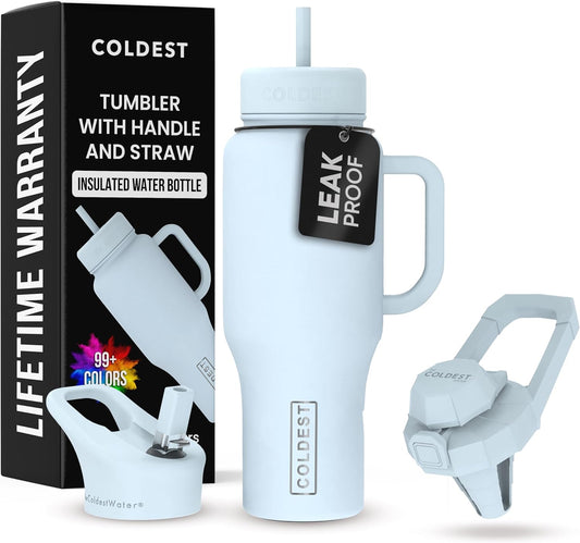 Coldest 40 oz Tumbler with Handle and Straw - 100% Leak Proof Insulated Tumbler with Lid and Straw (3 Lids) - Stainless Steel Tumblers for Women & Men - Cup Holder Friendly Base, 36 oz (Morning Mist)