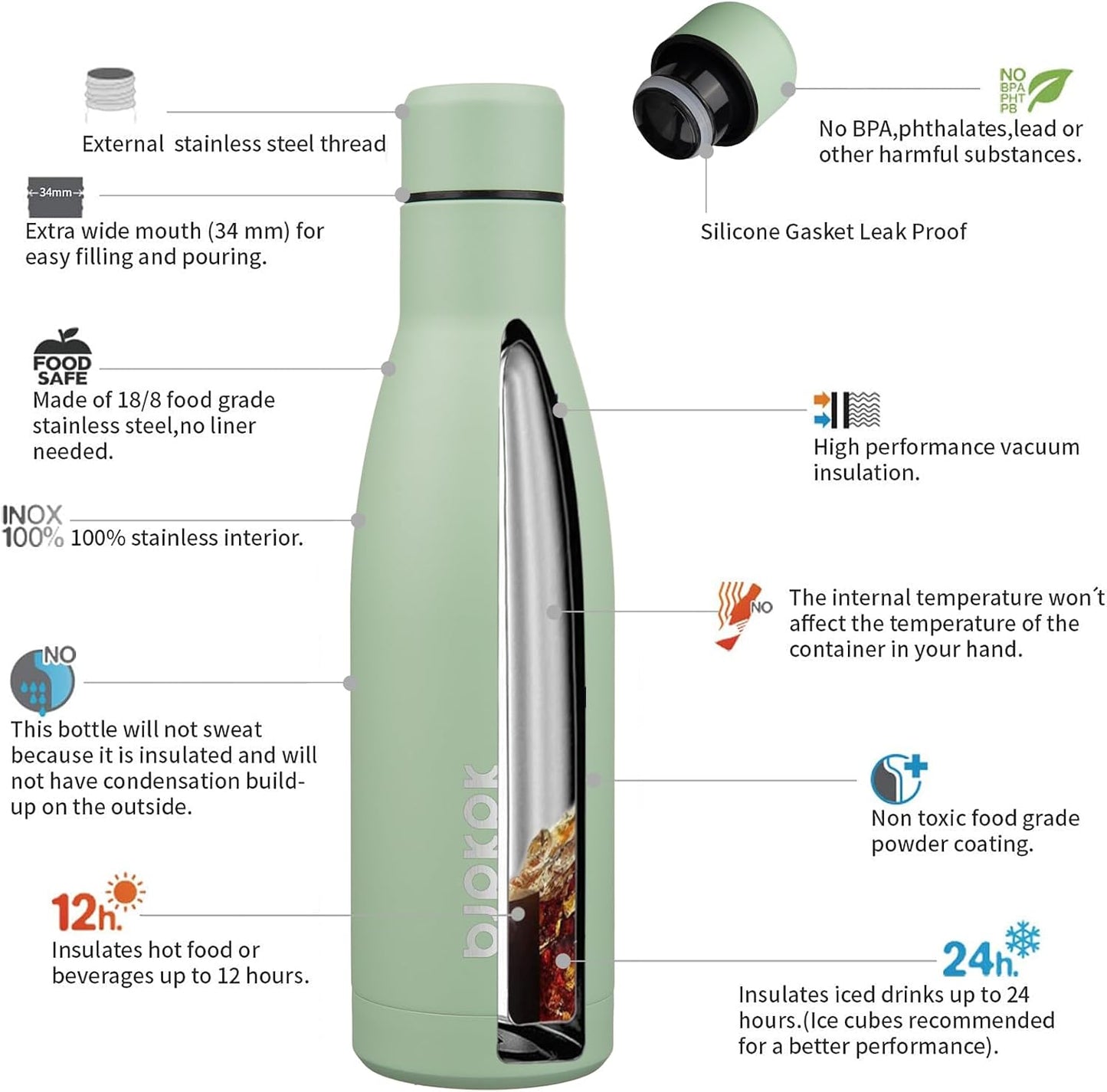 BJPKPK 17oz Insulated Water Bottles Stainless Steel Sports Water Bottles Keep Cold and Hot for Travel Dishwasher Safe,Macaron Green