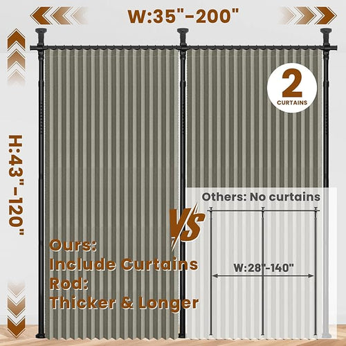 100% Blackout Room Divider Curtains Sets Grey W100 x L96 in 2 Panels No Drill - Image 2