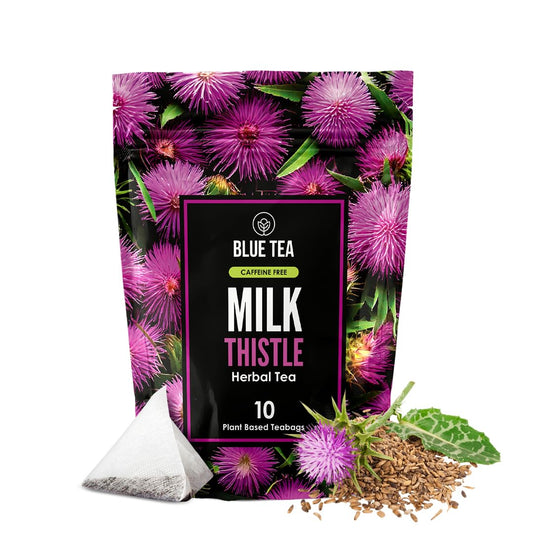 BLUE TEA - Milk Thistle Tea - 10 Count - Pyramid Plant Based Tea Bag | Liver Cleaning and Immune Support | Milk Thistle Seeds - Caffeine Free - Herbal Tea - Non Bitter | Zipper Pack