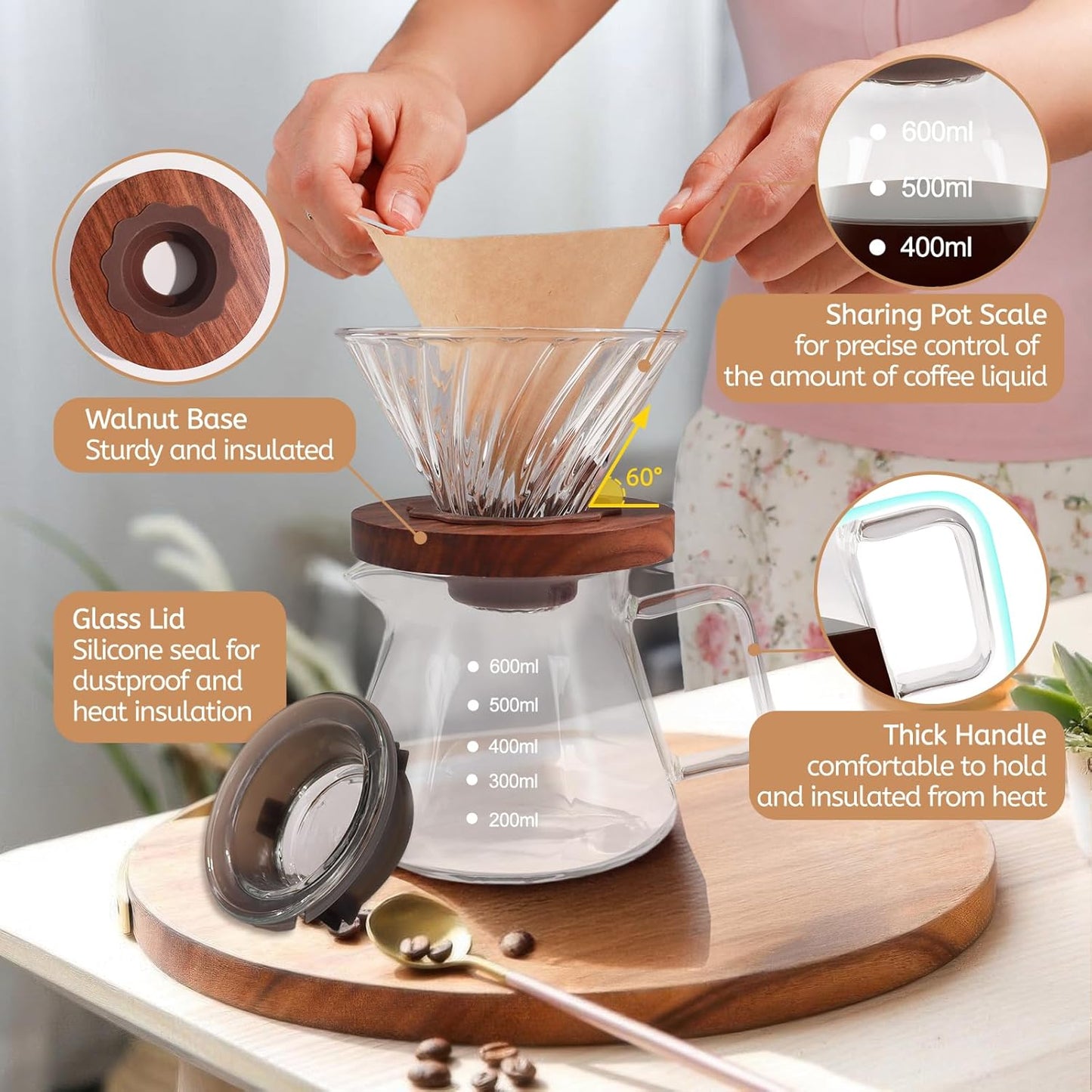 Pour Over Coffee Maker 600ml Borosilicate Glass Drip Coffeemaker Server Set with 100pcs V60 Cone Paper Filters Walnut Collar Glass Lid Clear Hand Brew Dripper Carafe for Home Camping Travel 20.29oz
