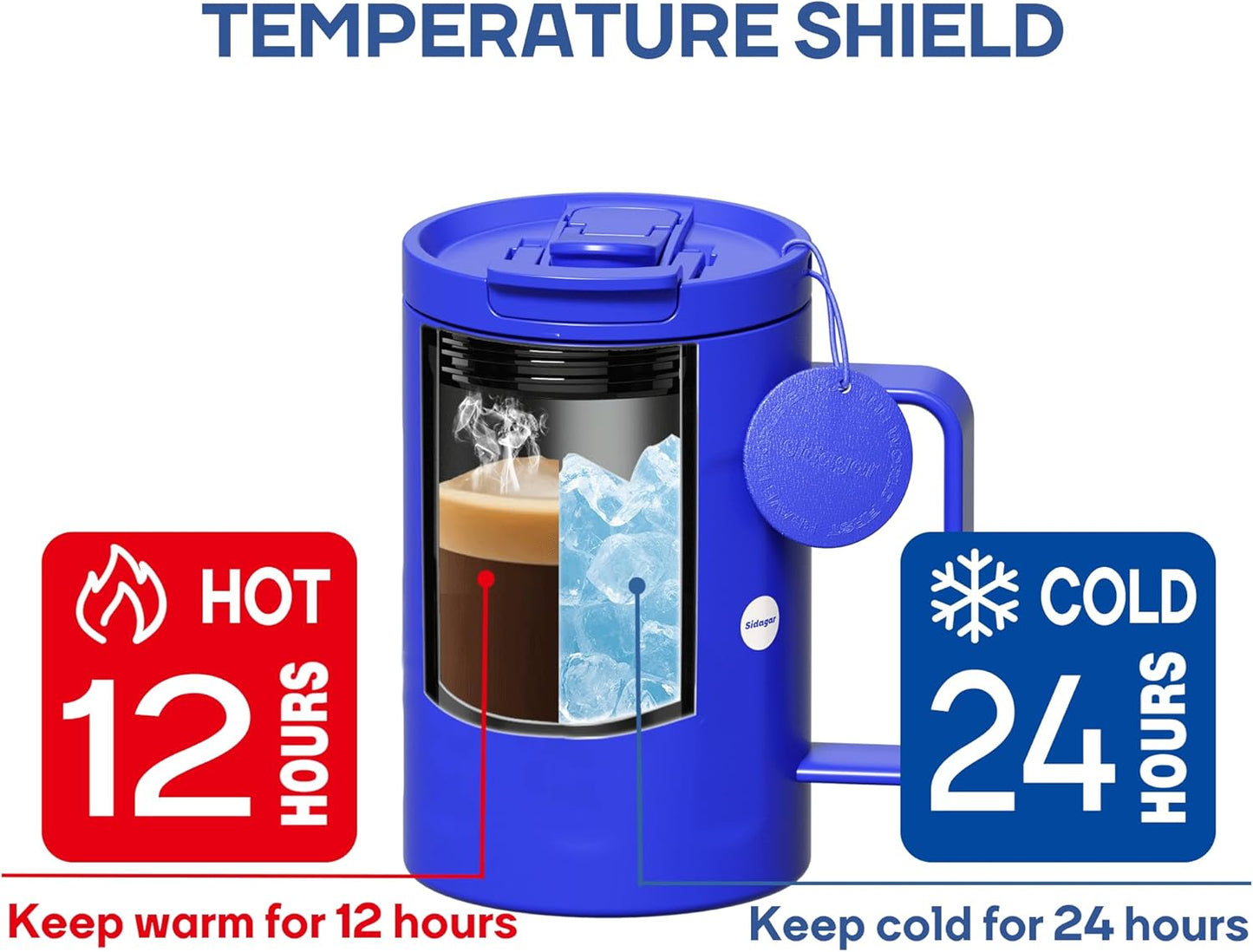 Sidagar+ 18 OZ z Stainless Steel Insulated Coffee Mug with Handle and Lid, Double Wall Vacuum Travel Mug, Tumbler Cup with Sliding Lid, Resuable Insulated Coffee Tumbler, Blue