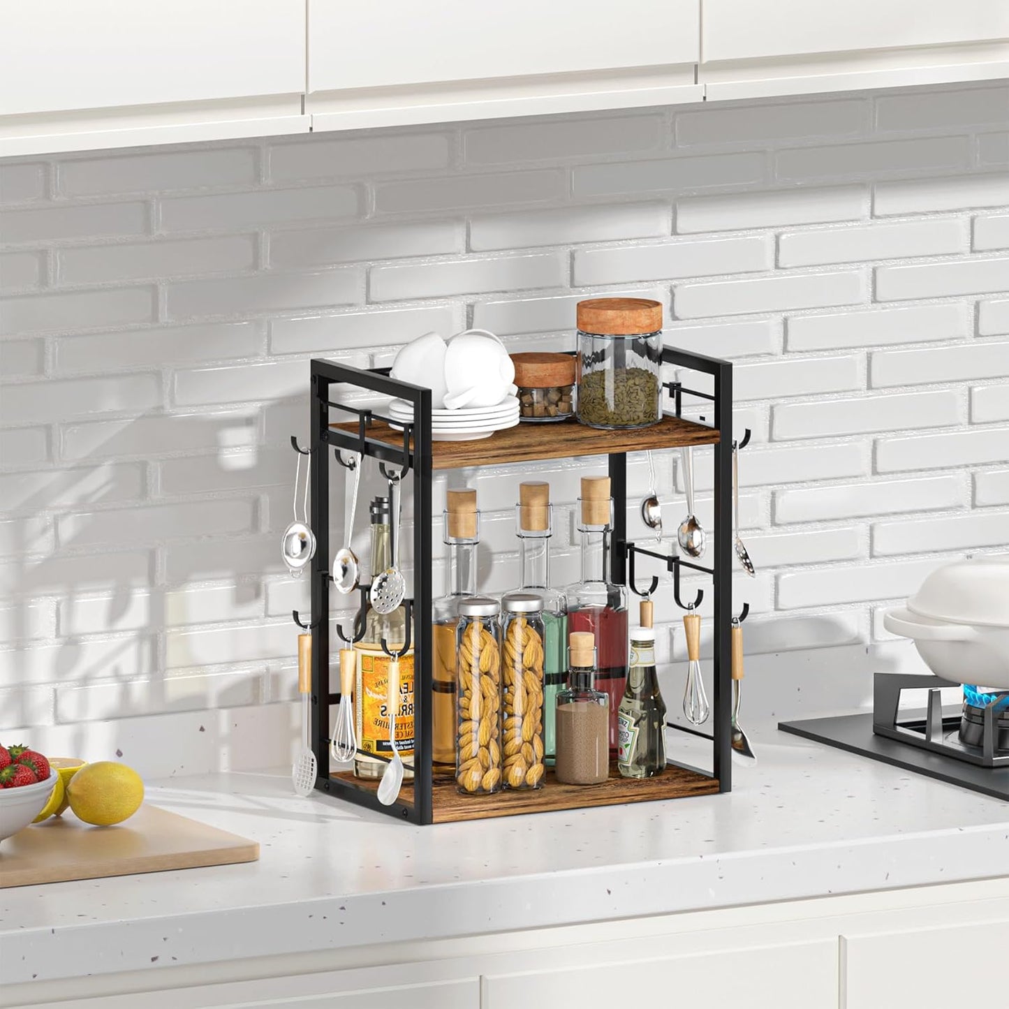 Dorhors 2 Tier Coffee Bar Accessories and Organizer,Multi-functional Mug Holder with 12 Hooks,Wood Coffee Station Organizer,Kitchen Countertop Shelf (Rustic Brown)