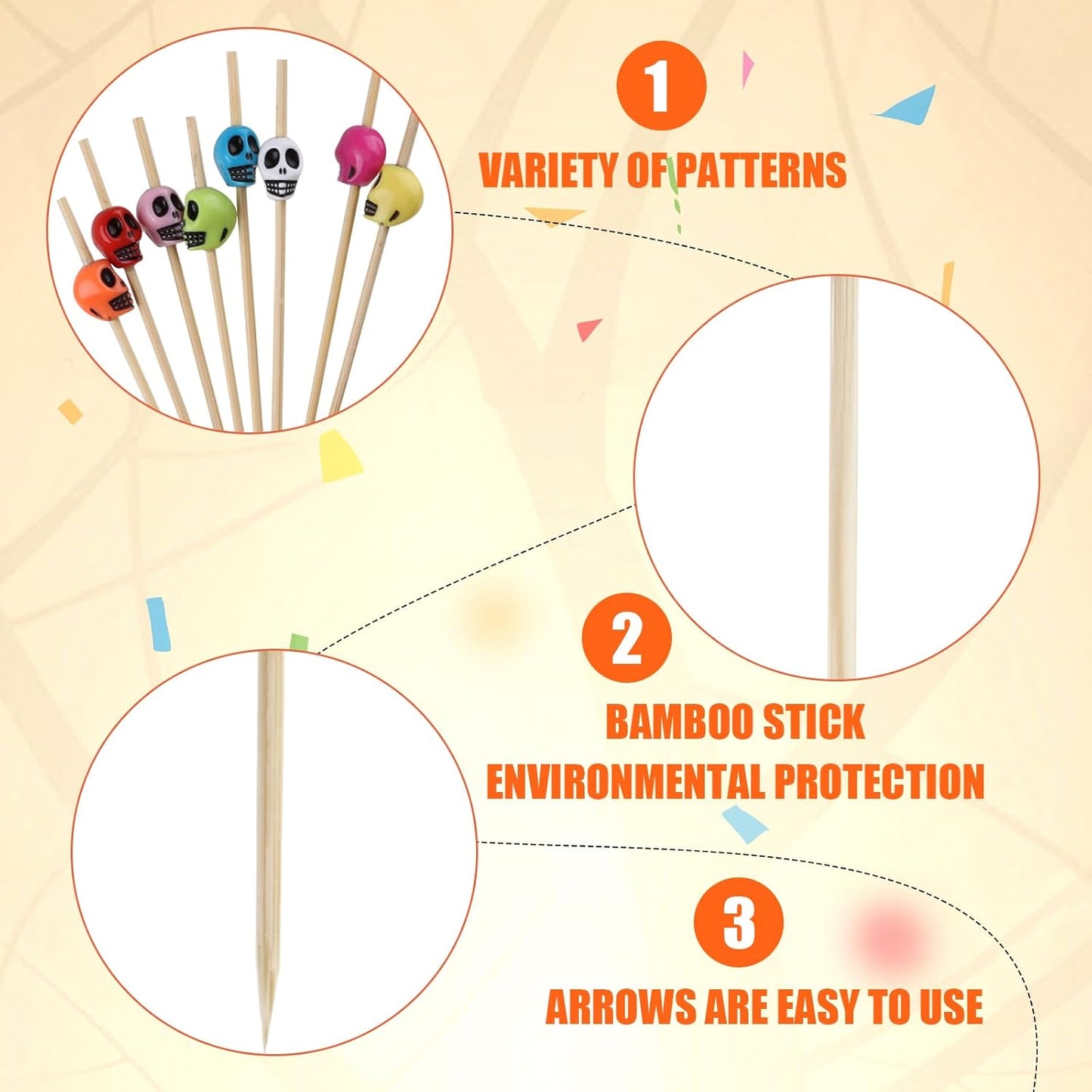 LOMIMOS 150pcs Halloween Skeleton Drink Topper, Colorful Cocktail Stick with Wood Toothpick for Cupcake Pool Party Ice Cream Fruit (4.7in)