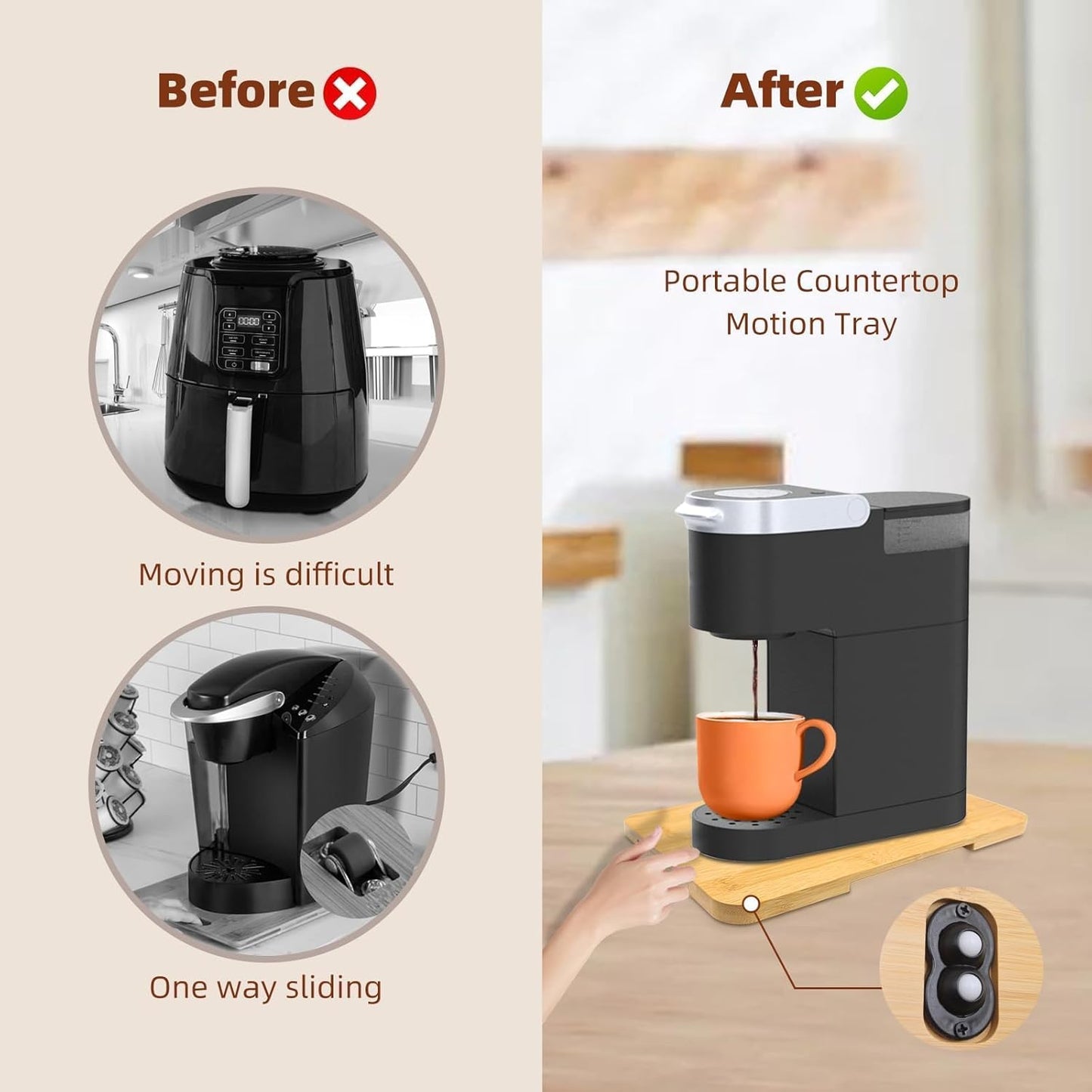 360° Rolling Tray Bamboo Appliance Slider, Appliance Sliders for Kitchen Appliances Sliding Tray for Coffee Maker Appliances Mat Easily from Under The Cabinet Natural(13.9"×9.4")