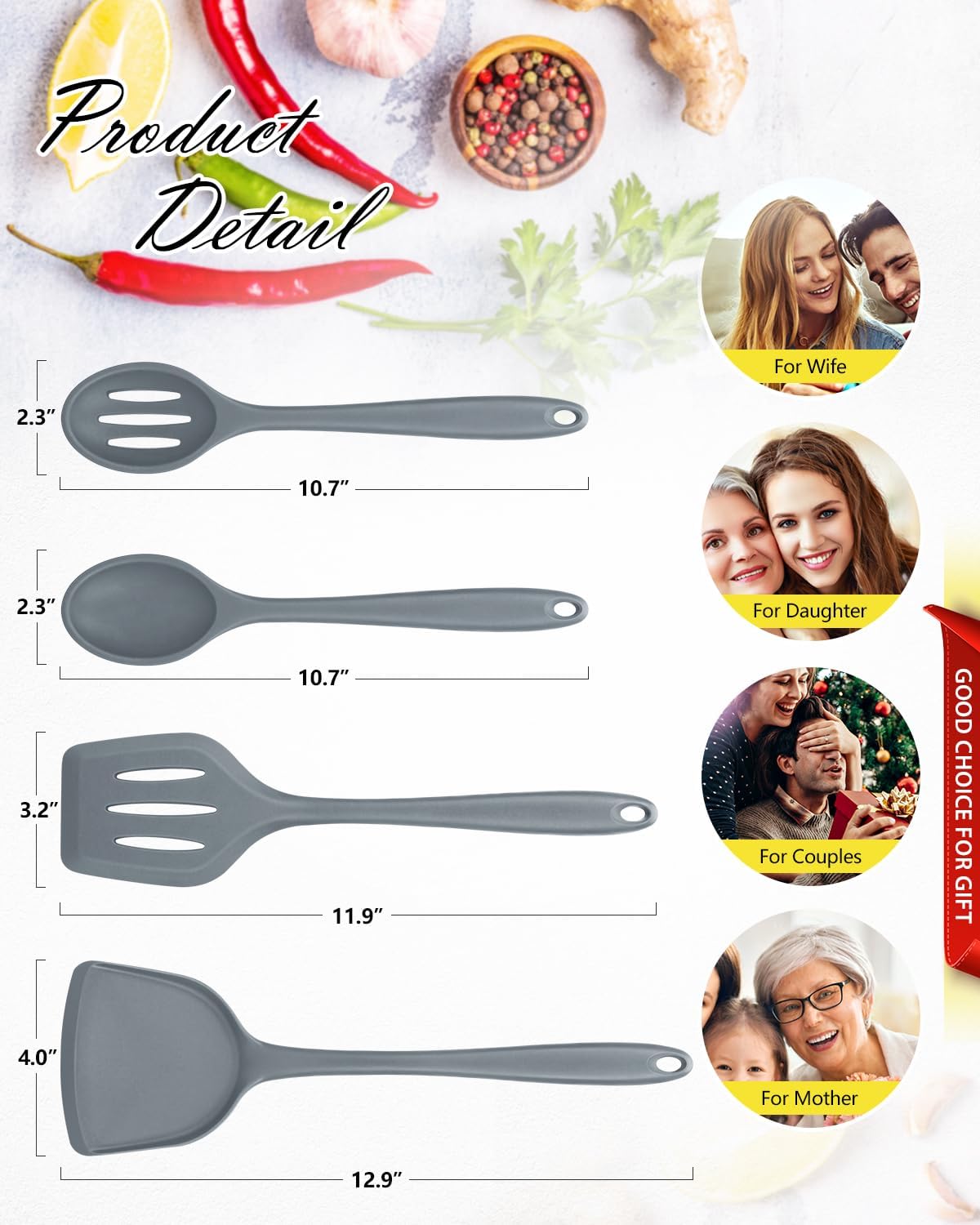 4 Pcs Silicone Kitchen Utensils Set, Wok Spatulas-Slotted Turner-Cooking Spoon-Slotted Spoon, Nonstick BPA Free High Heat Resistant Cooking Utensils for Frying, Mixing, Serving, Draining, Stirring