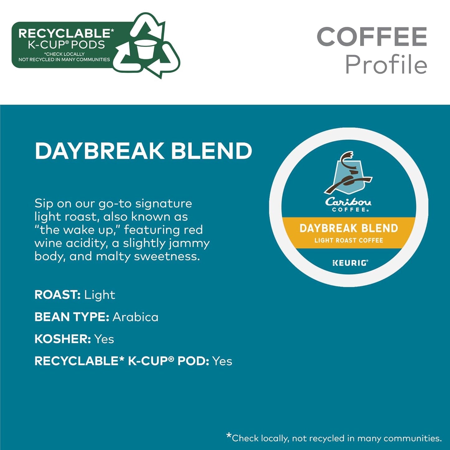 Caribou Coffee Daybreak Blend Keurig Single-Serve K-Cup Pod, Light Roast Coffee(Pack of 6, 60 Count Total)