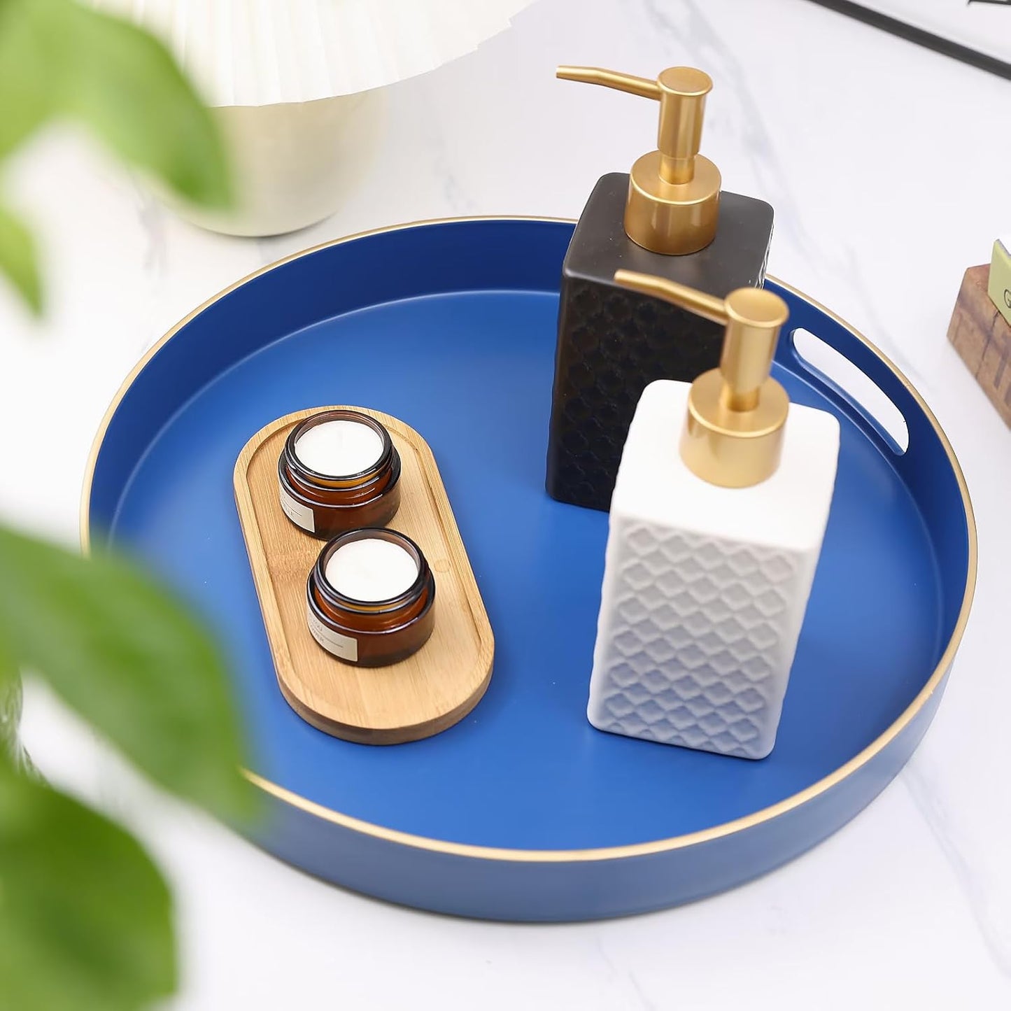 Royal Blue Round Decorative Tray with Handles, 13" Versatile Serving Tray for Coffee Table, Ottoman, Ideal for Serving, Displaying, Organizing