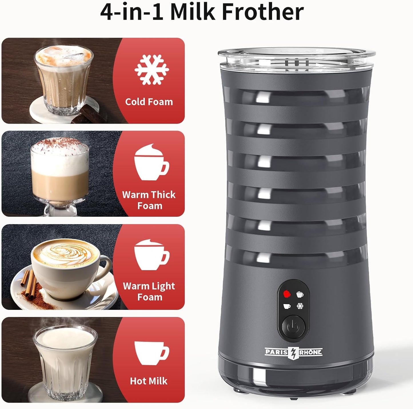 Paris Rhône Milk Frother, 4-in-1 Milk Steamer and Frother, Hot & Cold Foam Milk Warmer with Temperature Control(Grey)