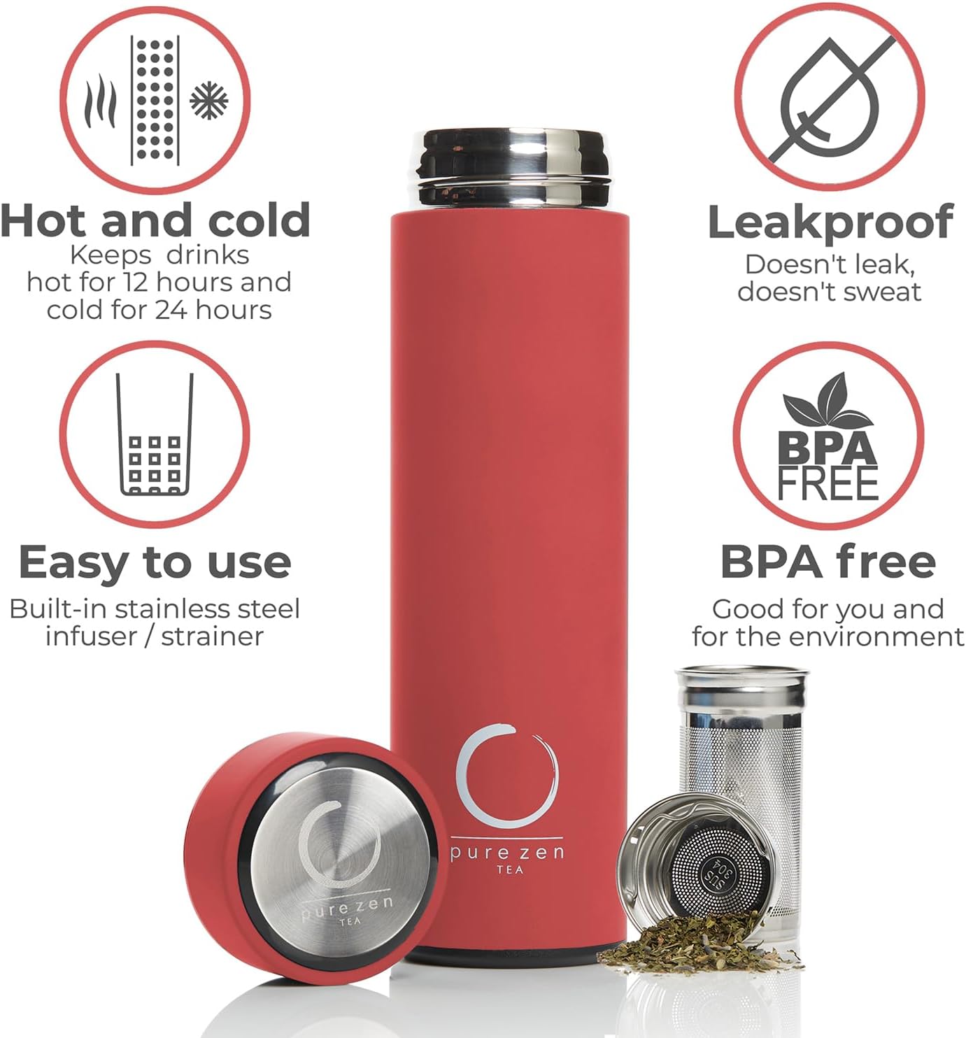 Pure Zen Tea Thermos with Infuser for Hot and Cold Infusions - Stainless Steel - Tea Infuser Bottle - Leakproof Travel Mug with Filter - 15oz - Red