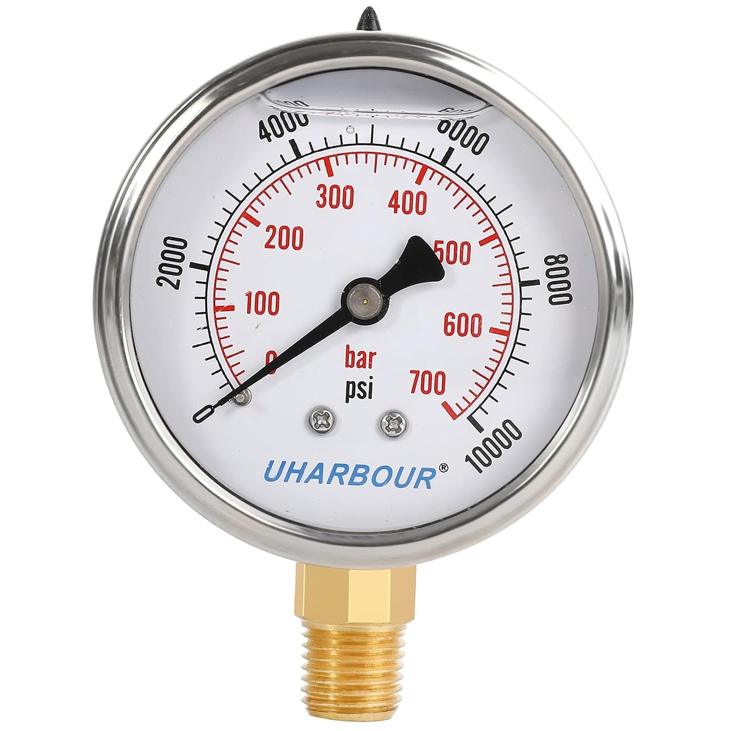 Glycerin Filled Pressure Gauge 10000psi/700bar, Stainless Steel case, Brass Inside Construction, 2-1/2" dial, 1/4" NPT Rear Connection.