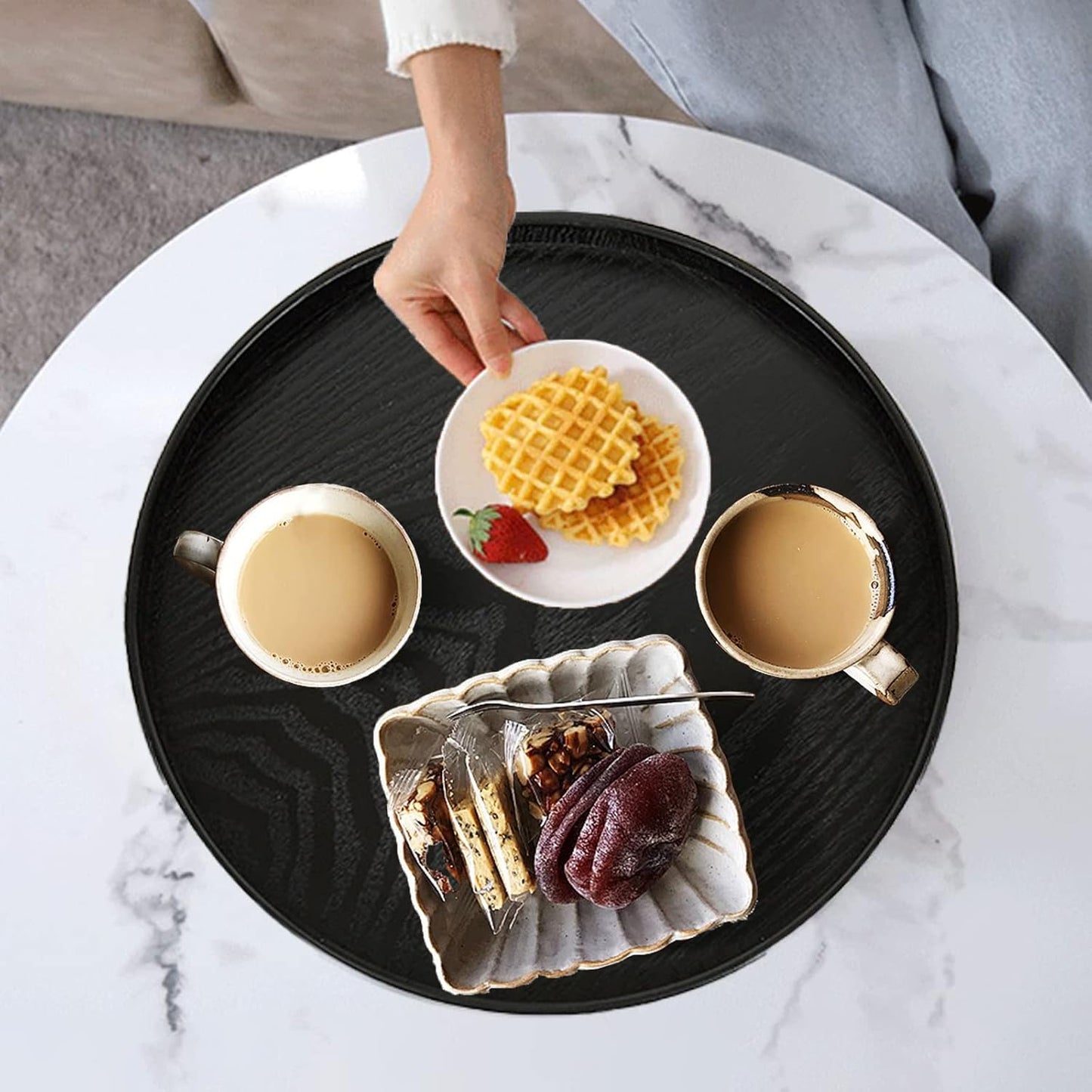 Round Solid Wood Serving Tray Extra Large Tea Coffee Snack Food Meals Serving Plate Non-Slip Kitchen Party Bar Server Ottoman Tray Breakfast Tray with Raised Edges (15inch/37.5cm) Black