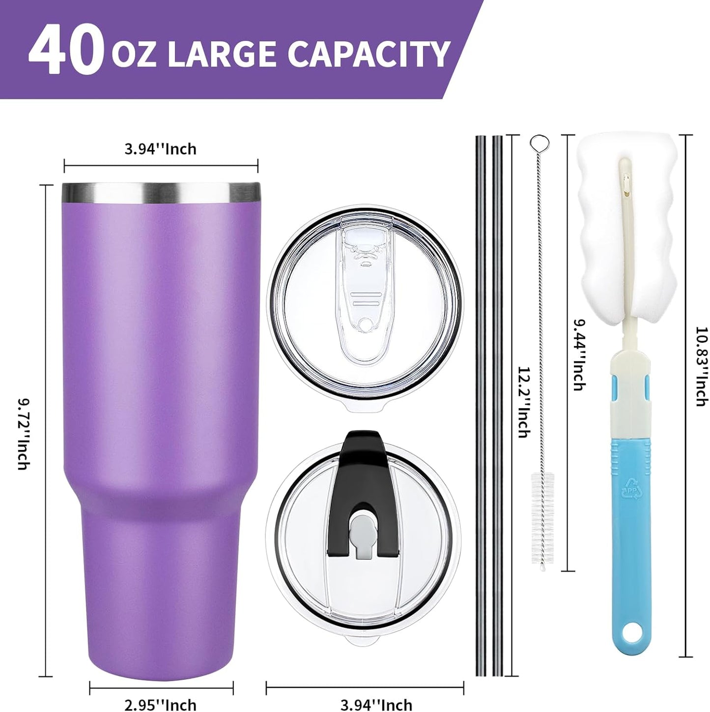 40 oz Tumbler with Lids and Straws, Stainless Steel Insulated Coffee Tumbler, Double Wall Vacuum Insulated Travel Mug Cup, Leakproof Thermal Coffee Cup for Hot and Cold Drinks (Purple)