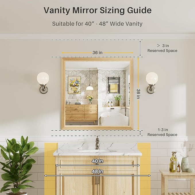36x36 Inch Bathroom Mirror for Wall, Anti-Rust Oak Wood Grain Metal Framed - Image 2
