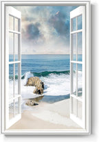 Framed Window Beach Scene Wall Art, Nature Blue Coastal Seascape Vertical by MXART
