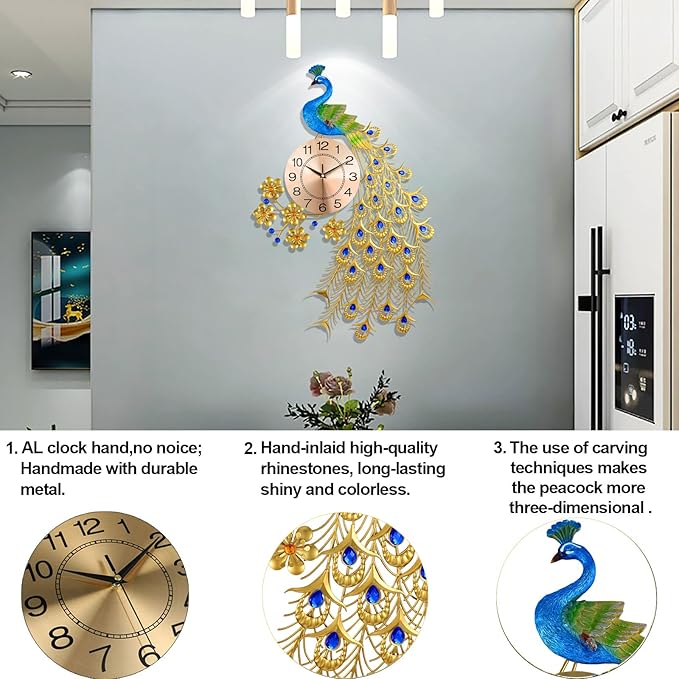 Large Peacock Wall Clock for Living Room Decor, Mid Century Decorative Big Wall - Image 7