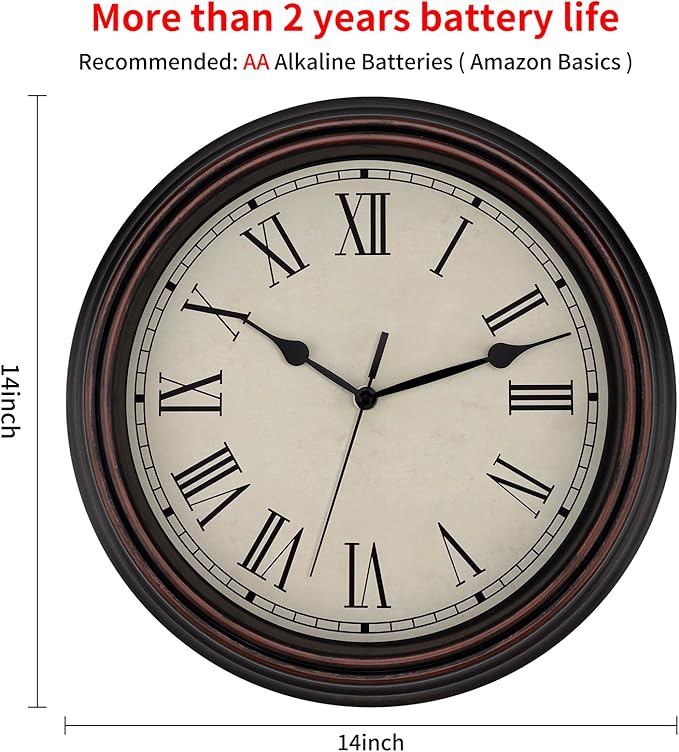 Foxtop 14 Inch Roman Numerals Wall Clock Battery Operated Silent Non-Ticking - Image 2