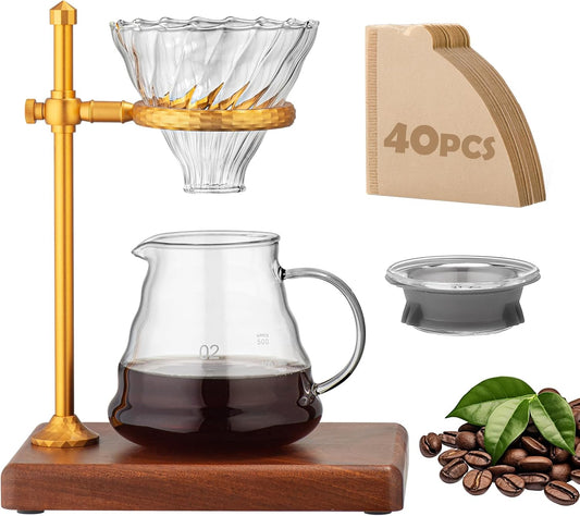 Pour Over Coffee Maker Set – Glass Coffee Dripper with Stainless Steel Stand, Wooden Base & 40 Filters – Travel Filter Coffee Maker