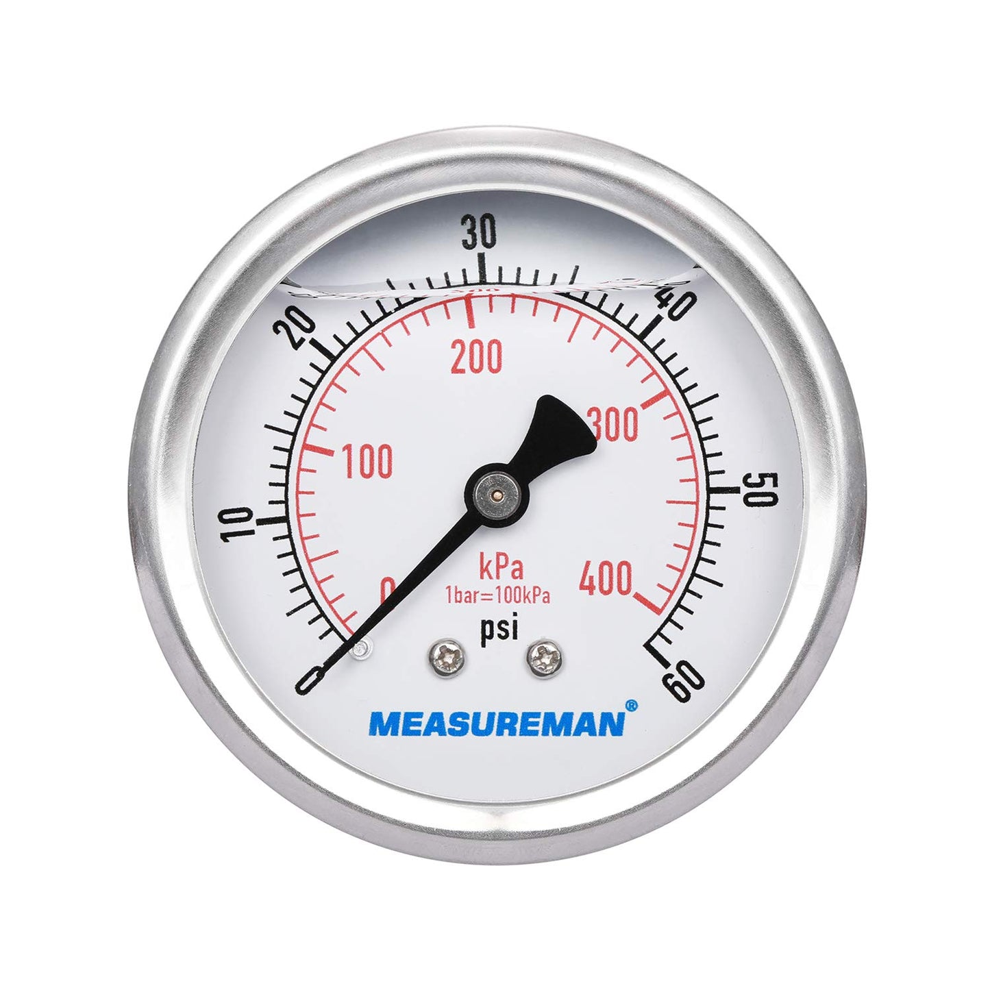 MEASUREMAN 2-1/2inch Dial Size, Liquid Filled Pressure Gauge, 0-60psi/400kpa, 304 Stainless Steel Case, 1/4inchNPT Back Mount