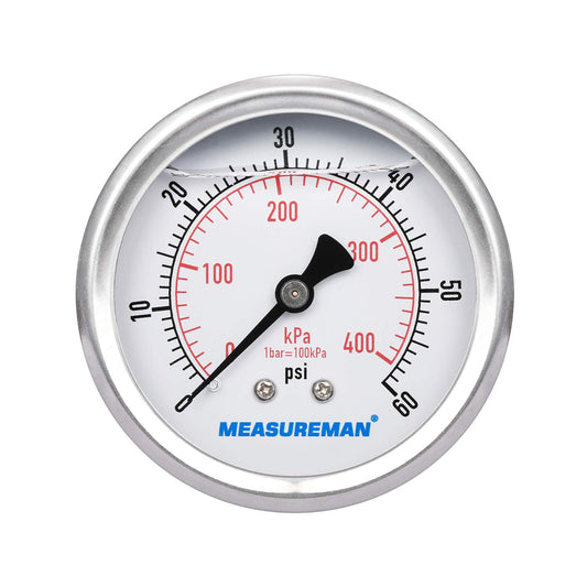 MEASUREMAN 2-1/2inch Dial Size, Liquid Filled Pressure Gauge, 0-60psi/400kpa, 304 Stainless Steel Case, 1/4inchNPT Back Mount
