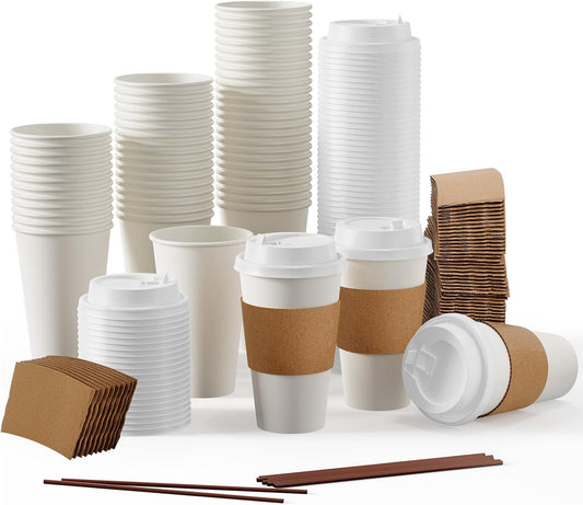 JOLLY PARTY [100 Pack] 16 oz Paper Coffee Cups, Disposable Paper Coffee Cup with Lids, Sleeves, and Stirrers, Hot/Cold Beverage Drinking Cup for Water, Juice or Tea, Suitable for Home,Shops and Cafes