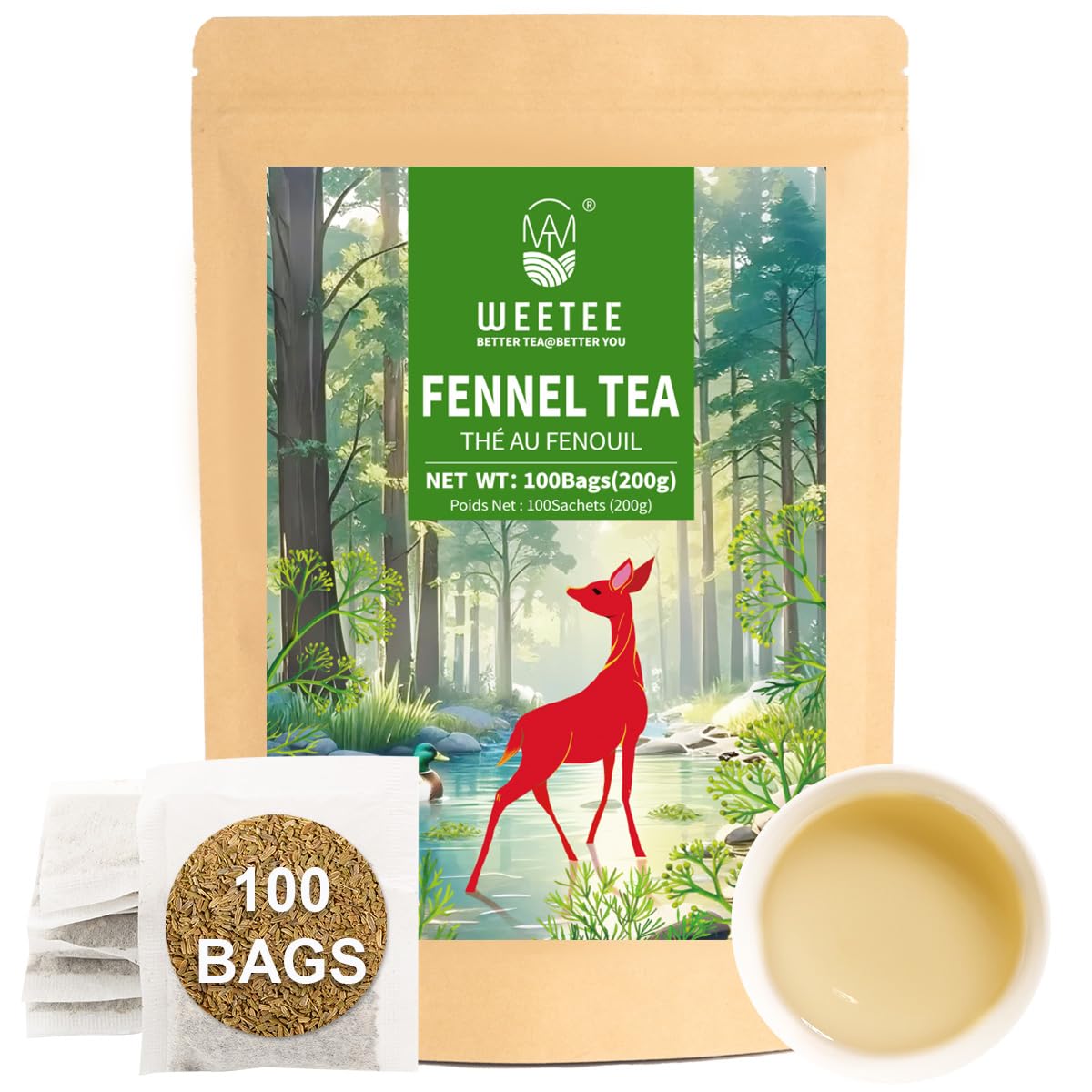 WT WEETEE Fennel Tea Bags 100 Count, 100% Natural & Pure Fennel Seeds Tea, Smooth & Sweet, No Sugar, Caffeine-Free